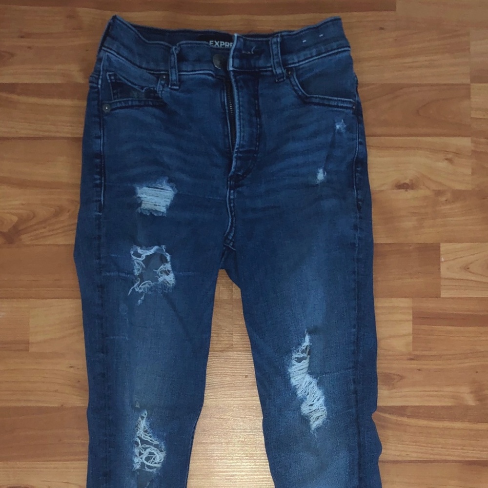 high rise dark blue skinny jeans with holes